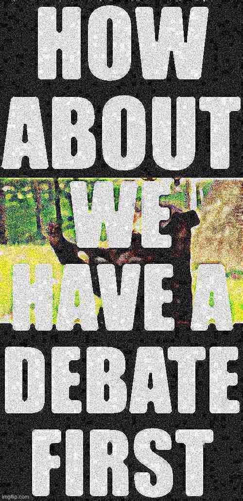 How about we have a debate first | image tagged in how about we have a debate first deep-fried 2,how about no bear,how about no,debate,debates,reaction | made w/ Imgflip meme maker