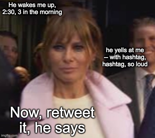 But the real victim is Melania, now that the Don is banned from Twitter | He wakes me up, 2:30, 3 in the morning; he yells at me -- with hashtag, hashtag, so loud; Now, retweet it, he says | image tagged in twitter,donald trump,2021 | made w/ Imgflip meme maker