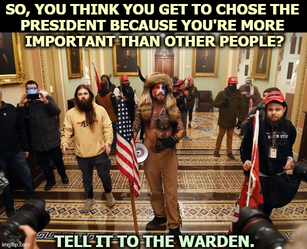 Prison doors slam shut on idiots and losers. | SO, YOU THINK YOU GET TO CHOSE THE 
PRESIDENT BECAUSE YOU'RE MORE 
IMPORTANT THAN OTHER PEOPLE? TELL IT TO THE WARDEN. | image tagged in capitol buffalo guy,idiots,riots,prison,jail | made w/ Imgflip meme maker