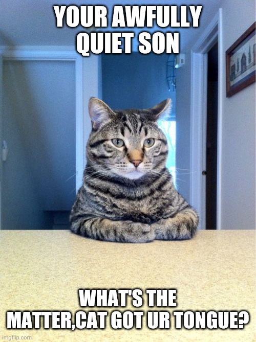 Take A Seat Cat | YOUR AWFULLY QUIET SON; WHAT'S THE MATTER,CAT GOT UR TONGUE? | image tagged in memes,take a seat cat | made w/ Imgflip meme maker
