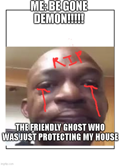 Ghost | ME: BE GONE DEMON!!!!! THE FRIENDLY GHOST WHO WAS JUST PROTECTING MY HOUSE | image tagged in memes | made w/ Imgflip meme maker