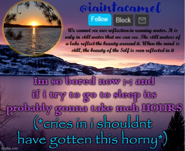 iaintacamel | Im so bored now ;-; and if i try to go to sleep its probably gonna take meh HOURS; (*cries in i shouldnt have gotten this horny*) | image tagged in iaintacamel | made w/ Imgflip meme maker