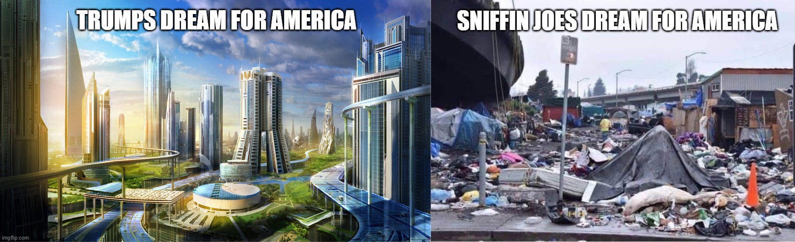 SNIFFIN JOES DREAM FOR AMERICA; TRUMPS DREAM FOR AMERICA | image tagged in futuristic city,california cities | made w/ Imgflip meme maker