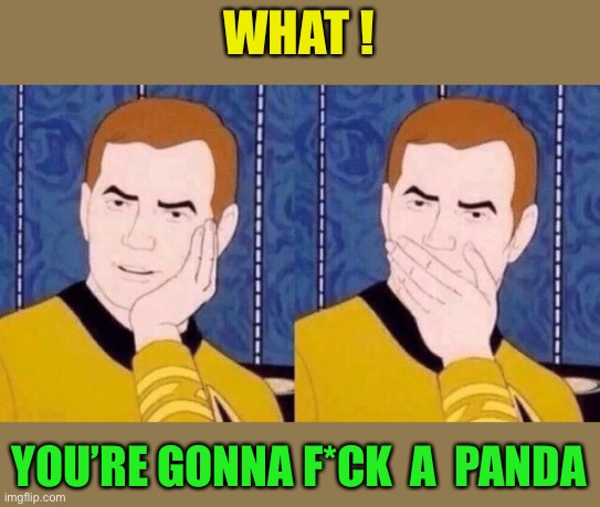Sarcastically surprised Kirk | WHAT ! YOU’RE GONNA F*CK  A  PANDA | image tagged in sarcastically surprised kirk | made w/ Imgflip meme maker