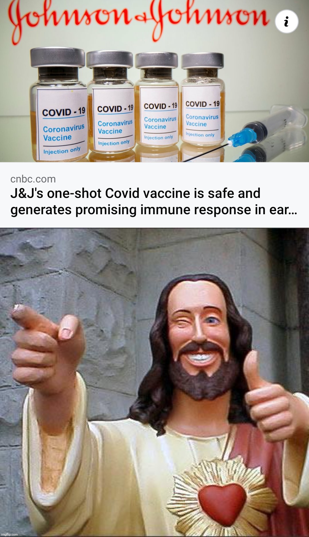 image tagged in memes,buddy christ,vaccines,coronavirus,covid-19,johnson and johnson | made w/ Imgflip meme maker
