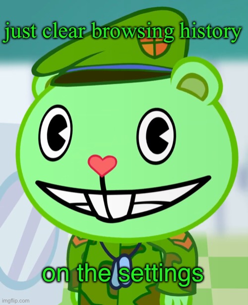 Flippy Smiles (HTF) | just clear browsing history on the settings | image tagged in flippy smiles htf | made w/ Imgflip meme maker