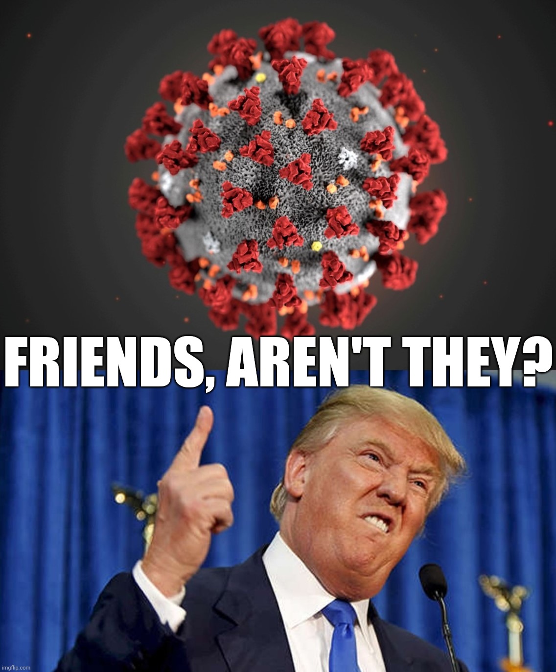 COVID-19 | FRIENDS, AREN'T THEY? | image tagged in covid-19,coronavirus,donald trump,trump,villains,memes | made w/ Imgflip meme maker