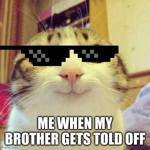 Smiling Cat Meme | ME WHEN MY BROTHER GETS TOLD OFF | image tagged in memes,smiling cat | made w/ Imgflip meme maker