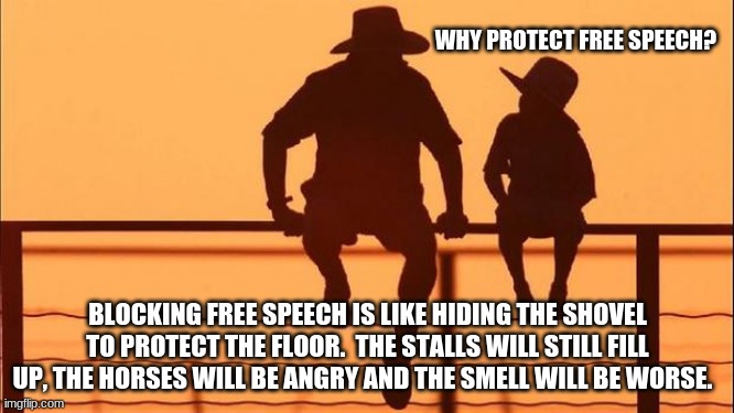 Cowboy wisdom on free speech | WHY PROTECT FREE SPEECH? BLOCKING FREE SPEECH IS LIKE HIDING THE SHOVEL TO PROTECT THE FLOOR.  THE STALLS WILL STILL FILL UP, THE HORSES WILL BE ANGRY AND THE SMELL WILL BE WORSE. | image tagged in cowboy father and son,cowboy wisdom,free speech,ban stall shovels,what a load of crap,freedom is not a curse | made w/ Imgflip meme maker
