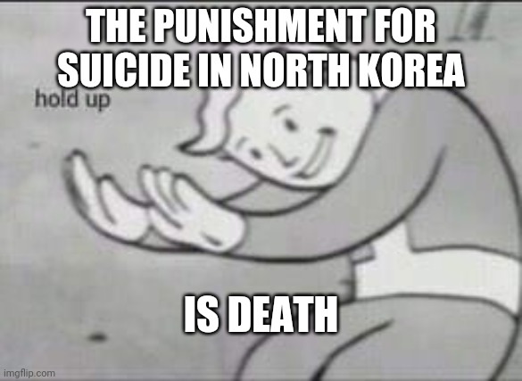 Fallout Hold Up | THE PUNISHMENT FOR SUICIDE IN NORTH KOREA; IS DEATH | image tagged in fallout hold up | made w/ Imgflip meme maker