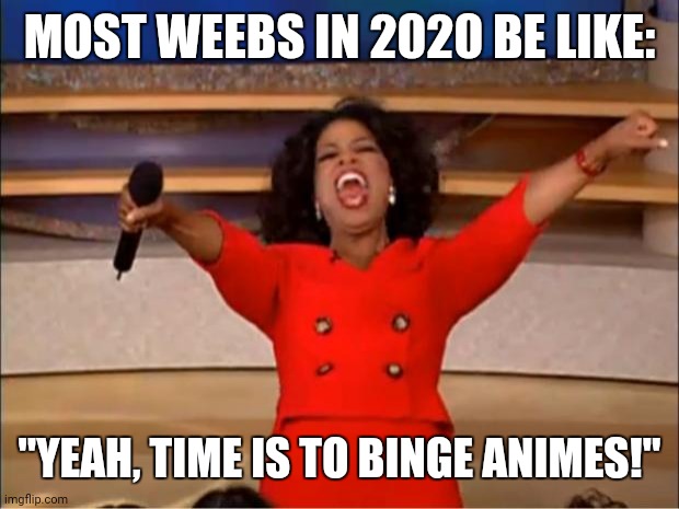 Oprah You Get A Meme | MOST WEEBS IN 2020 BE LIKE:; "YEAH, TIME IS TO BINGE ANIMES!" | image tagged in memes,oprah you get a,animeme | made w/ Imgflip meme maker