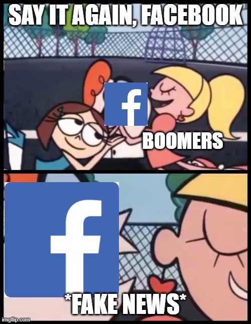 Also them: Don't trust everything you see on the internet | SAY IT AGAIN, FACEBOOK; BOOMERS; *FAKE NEWS* | image tagged in memes,say it again dexter | made w/ Imgflip meme maker