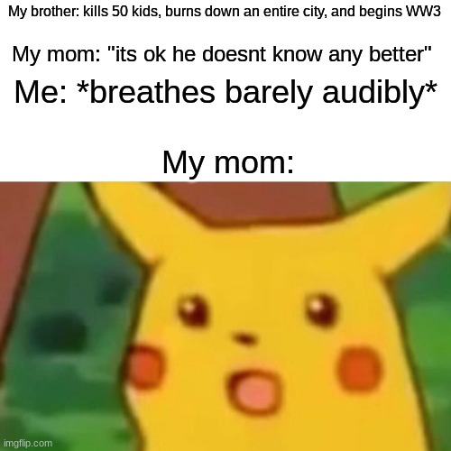 True | My brother: kills 50 kids, burns down an entire city, and begins WW3; My mom: "its ok he doesnt know any better"; Me: *breathes barely audibly*; My mom: | image tagged in memes,surprised pikachu | made w/ Imgflip meme maker