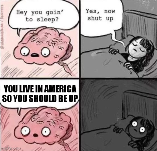 waking up brain | YOU LIVE IN AMERICA SO YOU SHOULD BE UP | image tagged in waking up brain | made w/ Imgflip meme maker