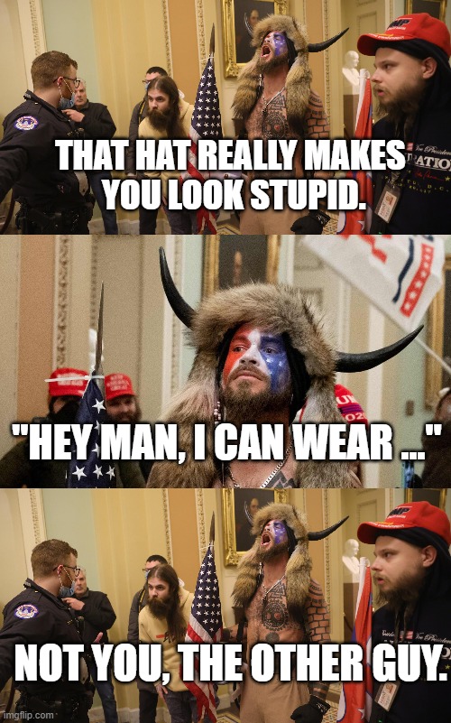 Pro-trump gear: symbol of stupidity. | THAT HAT REALLY MAKES
 YOU LOOK STUPID. "HEY MAN, I CAN WEAR ..."; NOT YOU, THE OTHER GUY. | image tagged in loser trump,maga idiots | made w/ Imgflip meme maker