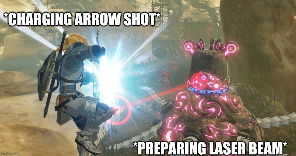 who will win | *CHARGING ARROW SHOT*; *PREPARING LASER BEAM* | image tagged in zelda,the legend of zelda breath of the wild,link,guardian,the legend of zelda,who will win | made w/ Imgflip meme maker