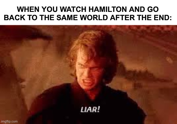 The world will never bee the saame | WHEN YOU WATCH HAMILTON AND GO BACK TO THE SAME WORLD AFTER THE END: | image tagged in anakin liar,funny,memes,hamilton,star wars,musicals | made w/ Imgflip meme maker