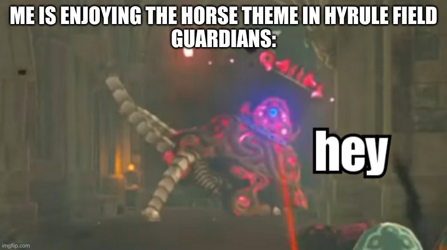 y u ruin my time | ME IS ENJOYING THE HORSE THEME IN HYRULE FIELD
GUARDIANS: | image tagged in guardian hey,botw,the legend of zelda breath of the wild,loz | made w/ Imgflip meme maker