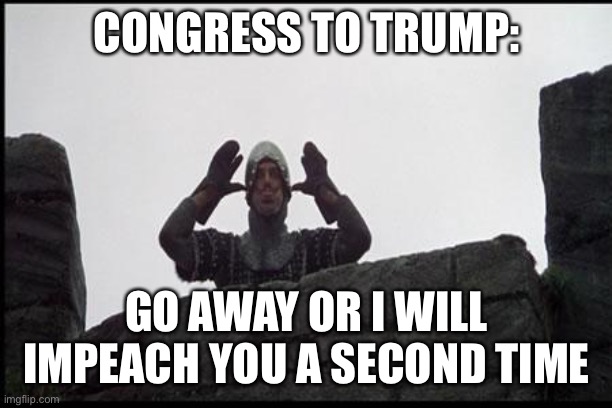 French Taunting in Monty Python's Holy Grail | CONGRESS TO TRUMP:; GO AWAY OR I WILL IMPEACH YOU A SECOND TIME | image tagged in french taunting in monty python's holy grail | made w/ Imgflip meme maker