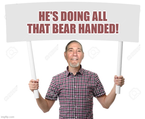 sign | HE'S DOING ALL THAT BEAR HANDED! | image tagged in sign | made w/ Imgflip meme maker