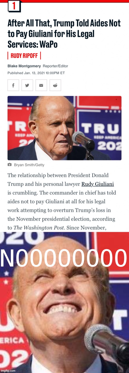 Didn’t Giuliani prosecute the Mafia back in the day? Doesn’t he know how gangsters operate? | NOOOOOOOO | image tagged in trump stiffs giuliani,giuliani cringe,rudy giuliani,giuliani,election 2020,2020 elections | made w/ Imgflip meme maker