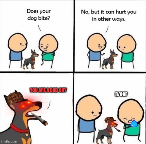 does your dog bite | YOU ARE A BAD GUY; R/OOF | image tagged in does your dog bite | made w/ Imgflip meme maker