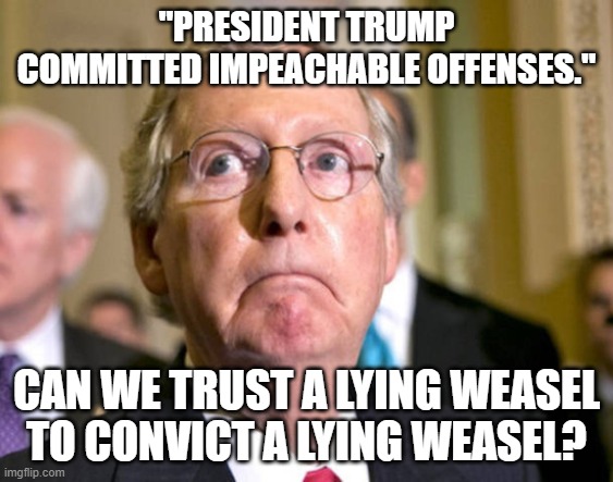 If not, use his words against him. That should keep him honest. Pfffffttt. | "PRESIDENT TRUMP COMMITTED IMPEACHABLE OFFENSES."; CAN WE TRUST A LYING WEASEL TO CONVICT A LYING WEASEL? | image tagged in mitch mcconnell,lying weasels | made w/ Imgflip meme maker
