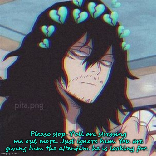 Stop please... | Please stop. Y'all are stressing me out more. Just ignore him. You are giving him the attention he is looking for. | image tagged in annoyed aizawa | made w/ Imgflip meme maker