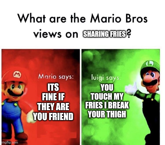 What are the mario bros views on:      ? | SHARING FRIES; YOU TOUCH MY FRIES I BREAK YOUR THIGH; ITS FINE IF THEY ARE YOU FRIEND | image tagged in what are the mario bros views on | made w/ Imgflip meme maker