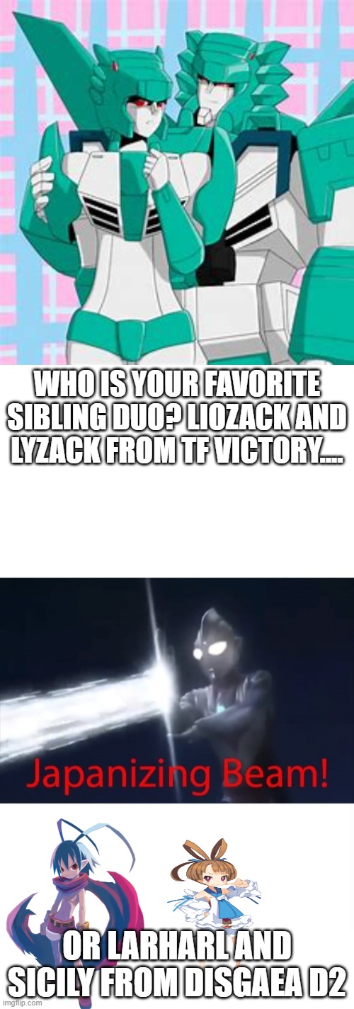 why should should not use ridiculous sibling duos! | WHO IS YOUR FAVORITE SIBLING DUO? LIOZACK AND LYZACK FROM TF VICTORY.... OR LARHARL AND SICILY FROM DISGAEA D2 | image tagged in japanizing beam,transformers,disgaea | made w/ Imgflip meme maker