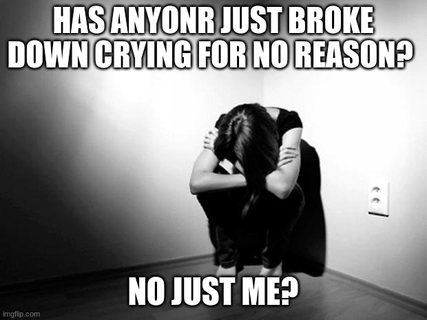 tears are rolling down my face,i walk by i feel them hate,wanna die yes i relate | HAS ANYONR JUST BROKE DOWN CRYING FOR NO REASON? NO JUST ME? | image tagged in depression sadness hurt pain anxiety | made w/ Imgflip meme maker