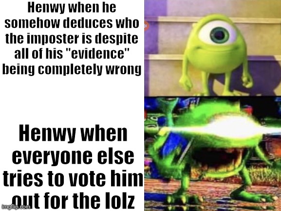 Henwy's A Special Type Of Person... | Henwy when he somehow deduces who the imposter is despite all of his "evidence" being completely wrong; Henwy when everyone else tries to vote him out for the lolz | image tagged in blank white template,mike wazowski | made w/ Imgflip meme maker