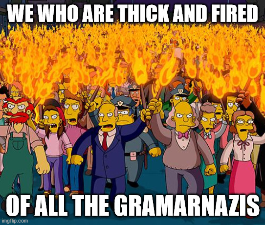 it's not a spelingtest | WE WHO ARE THICK AND FIRED; OF ALL THE GRAMARNAZIS | image tagged in angry mob,humor,bad grammar and spelling memes,grammar nazi | made w/ Imgflip meme maker