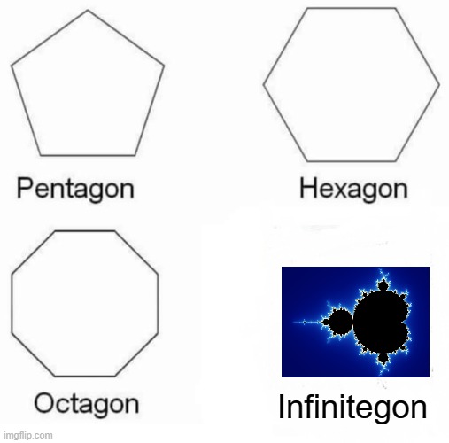 Manygon | Infinitegon | image tagged in memes,pentagon hexagon octagon,mandelbrot set,mandelbrot | made w/ Imgflip meme maker