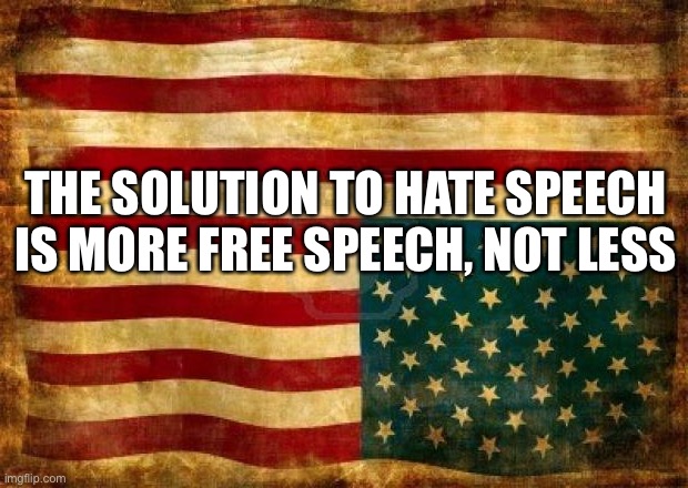 Free speech | THE SOLUTION TO HATE SPEECH IS MORE FREE SPEECH, NOT LESS | image tagged in old american flag,free speech | made w/ Imgflip meme maker