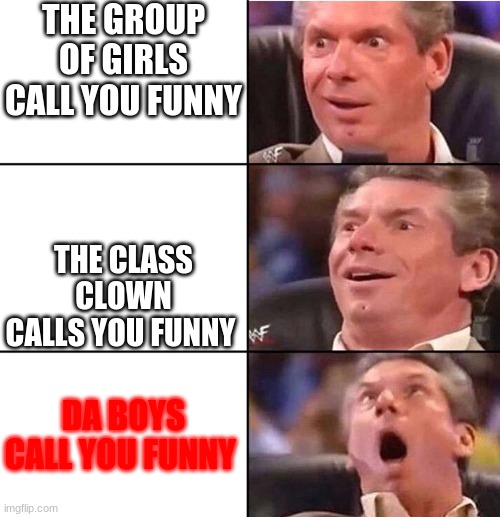 da boy never call me funny and they never will | THE GROUP OF GIRLS CALL YOU FUNNY; THE CLASS CLOWN CALLS YOU FUNNY; DA BOYS CALL YOU FUNNY | image tagged in wwe | made w/ Imgflip meme maker