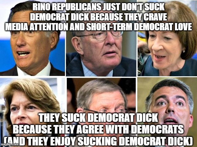 RINO Republicans | RINO REPUBLICANS JUST DON'T SUCK DEMOCRAT DICK BECAUSE THEY CRAVE MEDIA ATTENTION AND SHORT-TERM DEMOCRAT LOVE; THEY SUCK DEMOCRAT DICK BECAUSE THEY AGREE WITH DEMOCRATS (AND THEY ENJOY SUCKING DEMOCRAT DICK) | image tagged in rino republicans | made w/ Imgflip meme maker