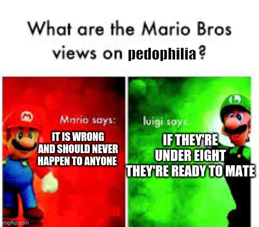 i might have a messed up mind | pedophilia; IT IS WRONG AND SHOULD NEVER HAPPEN TO ANYONE; IF THEY'RE UNDER EIGHT THEY'RE READY TO MATE | image tagged in mario bros views | made w/ Imgflip meme maker