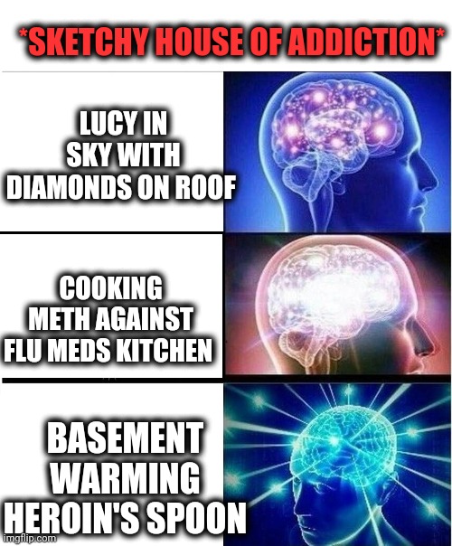 -With many of options. | *SKETCHY HOUSE OF ADDICTION*; LUCY IN SKY WITH DIAMONDS ON ROOF; COOKING METH AGAINST FLU MEDS KITCHEN; BASEMENT WARMING HEROIN'S SPOON | image tagged in expanding brain 3 panels,white house,you might be a meme addict,basement dweller,roof,kitchen nightmares | made w/ Imgflip meme maker