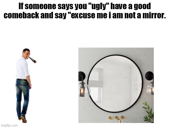 Blank White Template | If someone says you "ugly" have a good comeback and say "excuse me i am not a mirror. | image tagged in blank white template | made w/ Imgflip meme maker