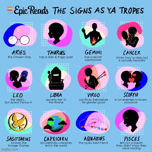 Zodiac signs as YA tropes | image tagged in zodiac,memes | made w/ Imgflip meme maker