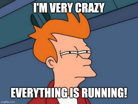 I'm very crazy | I'M VERY CRAZY; EVERYTHING IS RUNNING! | image tagged in memes,futurama fry | made w/ Imgflip meme maker