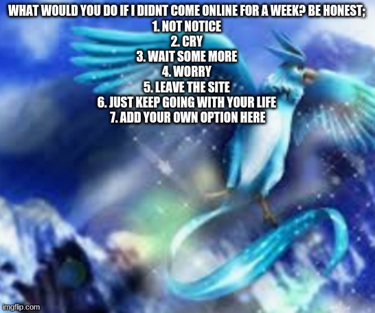 articuno fanart | WHAT WOULD YOU DO IF I DIDNT COME ONLINE FOR A WEEK? BE HONEST; 
1. NOT NOTICE 
2. CRY 
3. WAIT SOME MORE 
4. WORRY 
5. LEAVE THE SITE 
6. JUST KEEP GOING WITH YOUR LIFE 
7. ADD YOUR OWN OPTION HERE | image tagged in articuno fanart | made w/ Imgflip meme maker