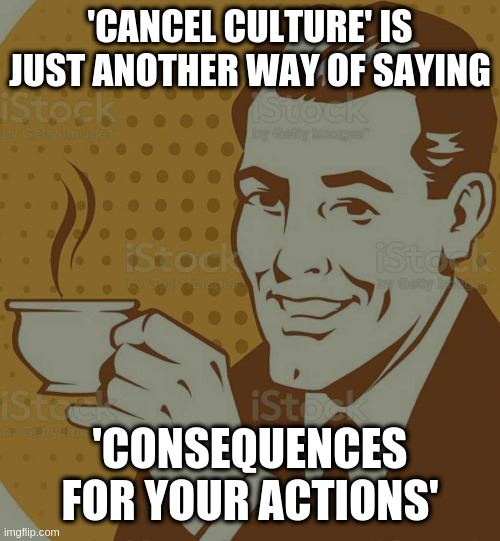 is this case, rumpts actions are netting consequences | 'CANCEL CULTURE' IS JUST ANOTHER WAY OF SAYING; 'CONSEQUENCES FOR YOUR ACTIONS' | image tagged in mug approval,rumpt,cancel,consequences | made w/ Imgflip meme maker
