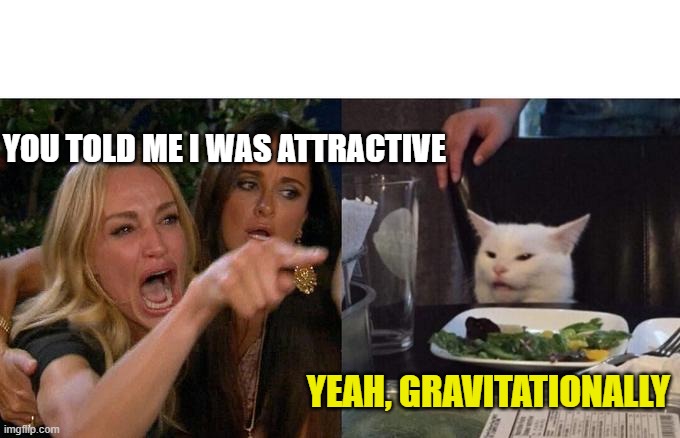 Woman Yelling At Cat | YOU TOLD ME I WAS ATTRACTIVE; YEAH, GRAVITATIONALLY | image tagged in memes,woman yelling at cat | made w/ Imgflip meme maker