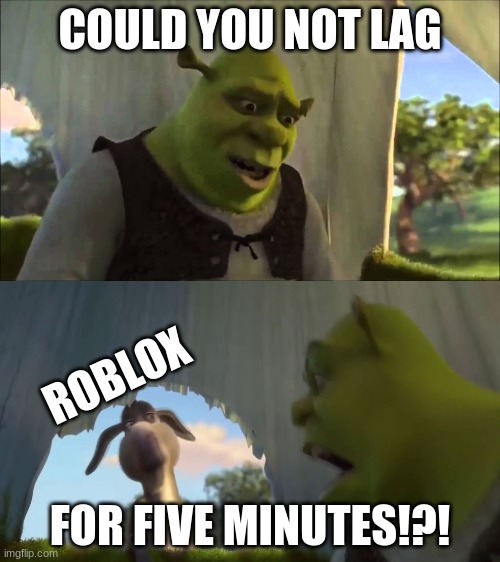 shrek five minutes | COULD YOU NOT LAG; ROBLOX; FOR FIVE MINUTES!?! | image tagged in shrek five minutes | made w/ Imgflip meme maker