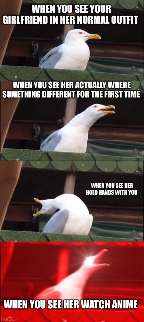 Inhaling Seagull Meme | WHEN YOU SEE YOUR GIRLFRIEND IN HER NORMAL OUTFIT; WHEN YOU SEE HER ACTUALLY WHERE SOMETHING DIFFERENT FOR THE FIRST TIME; WHEN YOU SEE HER HOLD HANDS WITH YOU; WHEN YOU SEE HER WATCH ANIME | image tagged in memes,inhaling seagull | made w/ Imgflip meme maker