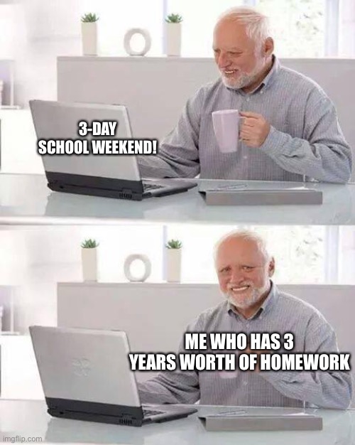 Made this in class | 3-DAY SCHOOL WEEKEND! ME WHO HAS 3 YEARS WORTH OF HOMEWORK | image tagged in memes,hide the pain harold,school,homework | made w/ Imgflip meme maker