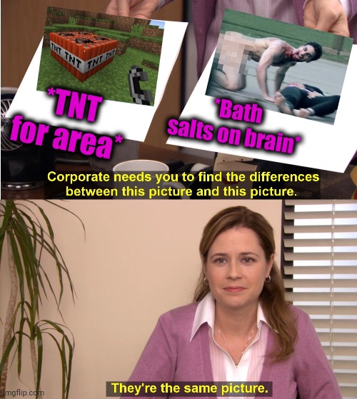 -Blown up. | *TNT for area*; *Bath salts on brain* | image tagged in memes,they're the same picture,tnt,salt bae,victims,mind blown | made w/ Imgflip meme maker
