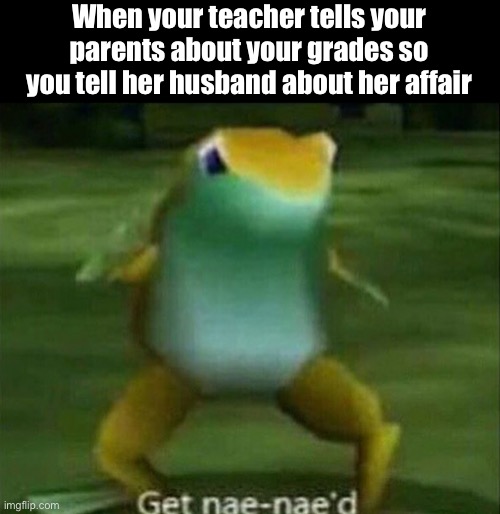 She deserved it | When your teacher tells your parents about your grades so you tell her husband about her affair | image tagged in get nae-nae'd,teachers,frog | made w/ Imgflip meme maker
